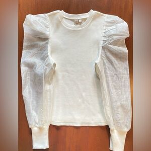 Anthropologie Dolan Ribbed Stretch Top Sheer Puff Sleeve Size Medium Off White